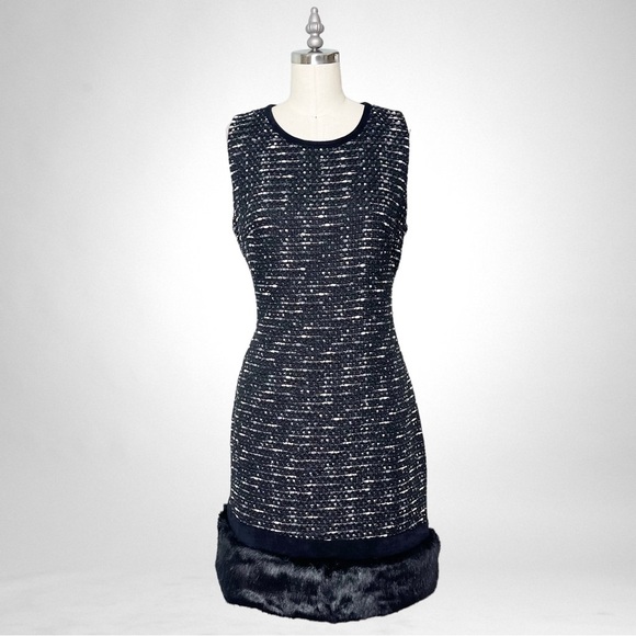 Calvin Klein Black Tweed Shift Dress with Fur Trim 8 Medium - Picture 1 of 12